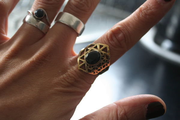 SRI YANTRA Brass Ring - Turquoise Ring, Gemstone Ring, Tribal Ring, Bohemian Ring, Boho Ring, Sacred Geometry Ring, Psy Flower -Size W X Y