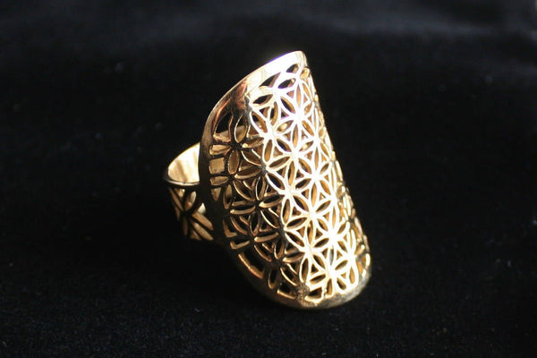 FLOWER OF LIFE Brass Ring - Moonstone Ring, Gemstone Ring, Tribal Ring, Bohemian Ring, Boho Ring, Sacred Geometry Ring, Psytrance, Psy