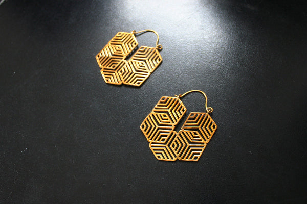 GEO CUBE Brass Earrings - Tribal Earrings, Geometric Earrings, Flower of Life, Sacred Geometry