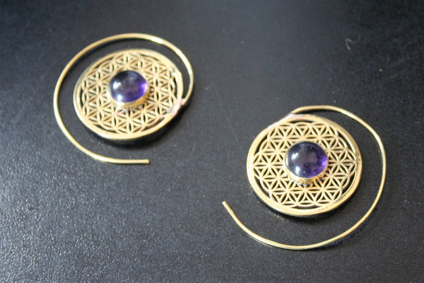 FLOWER OF LIFE Spiral Earrings - Moonstone Earrings, Turquoise Earrings, Tiger Eye Earrings, Sacred Geometry Earrings, Brass Earrings, Gift