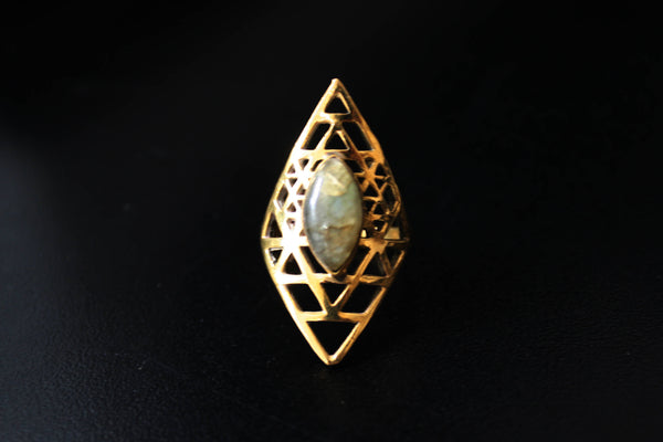 SRI YANTRA Brass Ring - Moonstone Ring, Gemstone Ring, Tribal Ring, Bohemian Ring, Boho Ring, Sacred Geometry Ring, Psy Flower -Size W X Y