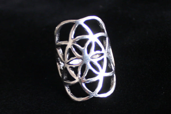 SEED OF LIFE Silver Ring - Mandala Ring, Gemstone Ring, Tribal Ring, Bohemian Ring, Boho Ring, Sacred Geometry Ring, Psytrance, Psy Ring