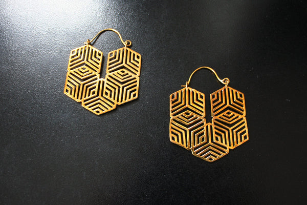 GEO CUBE Brass Earrings - Tribal Earrings, Geometric Earrings, Flower of Life, Sacred Geometry