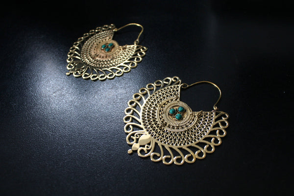 TRIBAL HOOP Earrings - Moonstone Earrings, Tribal Earrings, Brass Earrings, Gypsy Earrings, Sacred Geometry Earrings, Tribal Jewelry, Psy