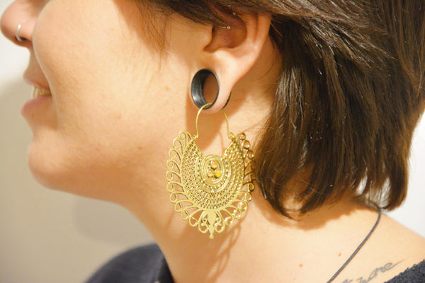 TRIBAL SILVER Earrings - Moonstone Earrings, Tribal Earrings, Brass Earrings, Gypsy Earrings, Sacred Geometry Earrings, Tribal Jewelry, Psy