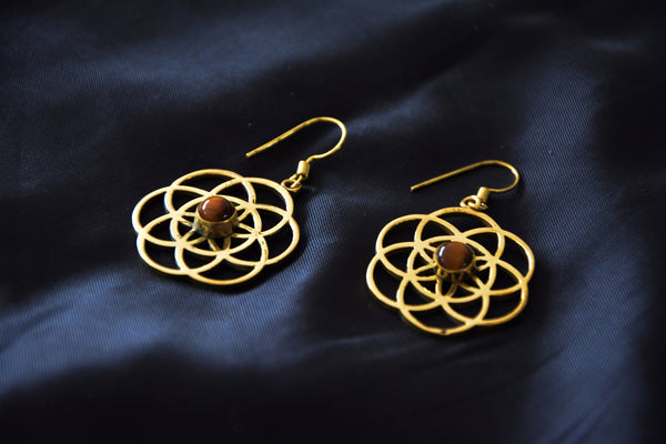 SEED OF LIFE Spiral Earrings - Moonstone Earrings, Turquoise Earrings, Tiger Eye Earrings, Sacred Geometry Earrings, Brass Earrings, Gift