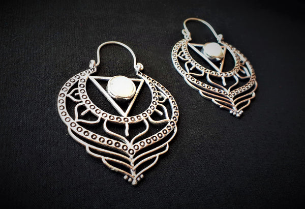 SILVER CHAKRA Earrings - Gemstone Earrings, Gypsy Earrings, Sacred Geometry Earrings, Boho Earrings, Tribal Earrings, Psytrance, Moonstone