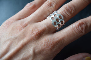 HIVE Silver Ring - Flower of Life Ring, Gemstone Ring, Tribal Ring, Silver Plated Ring, Adjustable Ring, Sacred Geometry, Psytrance, Psy