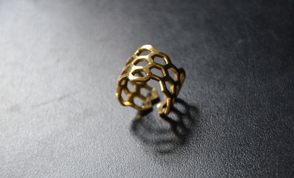 HIVE Brass Ring - Flower of Life Ring, Gemstone Ring, Tribal Ring, Geometric Ring, Adjustable Ring, Sacred Geometry, Psytrance, Psy Jewelry