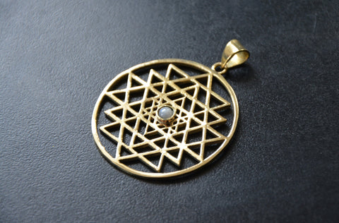 SRI YANTRA Pendant - Moonstone Pendant, Mandala Pendant, Tribal Necklace, Yoga Jewellery, Flower of Life Necklace, Tribal Jewelry, Brass