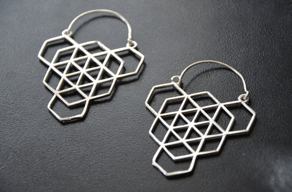 HEX Silver Earrings - Tribal Earrings, Geometric Earrings, Flower of Life, Sacred Geometry Jewelry
