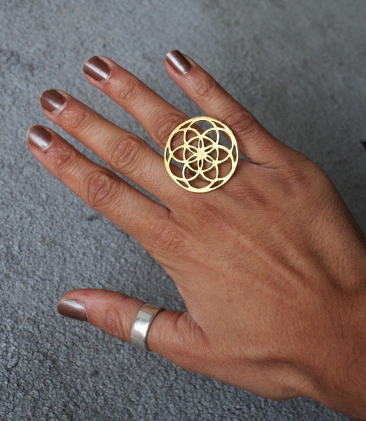 SEED OF LIFE Brass Ring - Gypsy Ring, Tribal Ring, Hippie Ring, Boho Ring, Psy, Flower of Life Ring, Sacred Geometry Ring Size K L M N O P